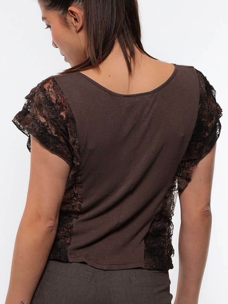 Draped bodice in lace and jersey of cotton and brown linen 